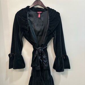 Betsey Johnson Black Velvet Robe with Satin Tie and Ruffle Details